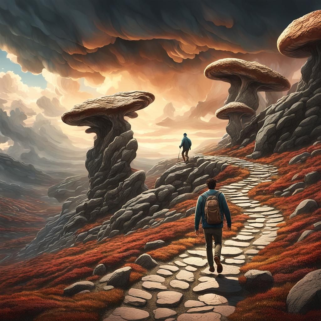 Man's Uphill Journey in Surreal Impasto Landscape
