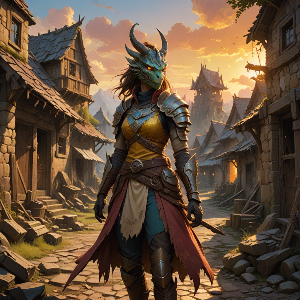 Dragonborn Peasant in a Ruined Village, Holding a Shattered...