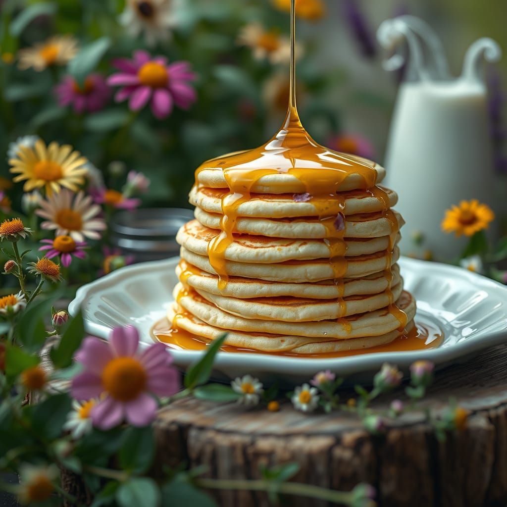 Whimsical Pancake Stack in a Dreamlike Forest