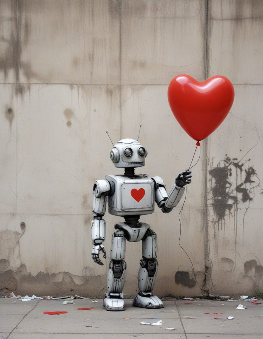 Robot with Heart Balloon in Urban Graffiti Style
