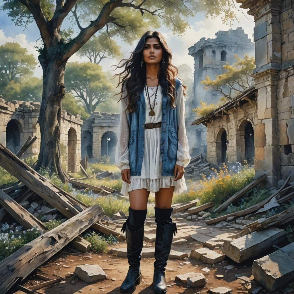 Surreal Watercolor of an 18-Year-Old Indian Woman