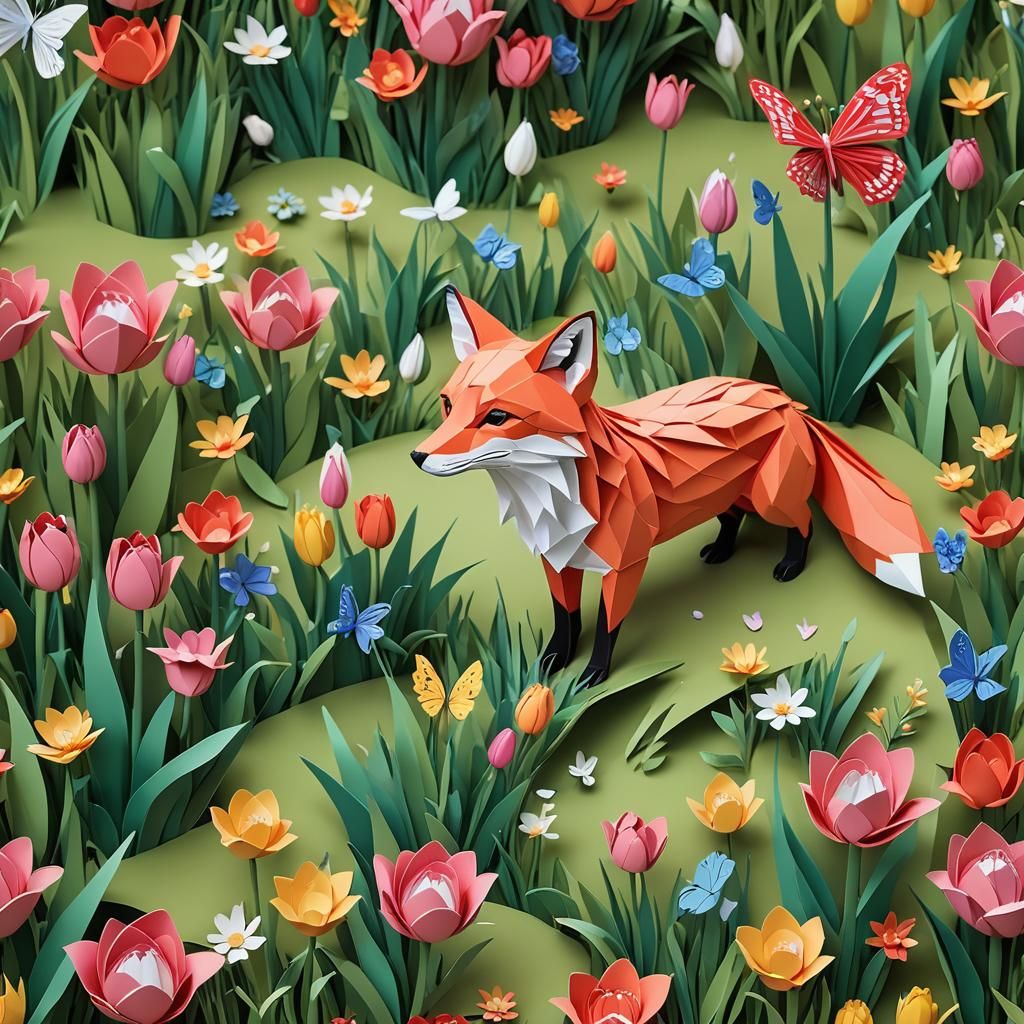 Red Fox Admiring Butterfly: 3D Kirigami Art