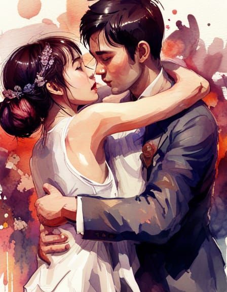 Watercolor Newlyweds Embrace in Polychromatic Detail