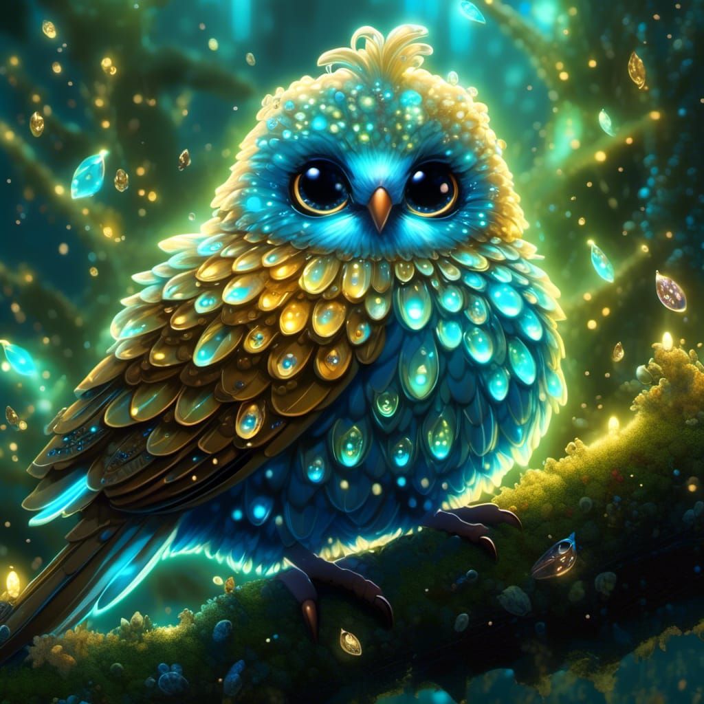 Bioluminescent Chibi Bird on Mossy Branch