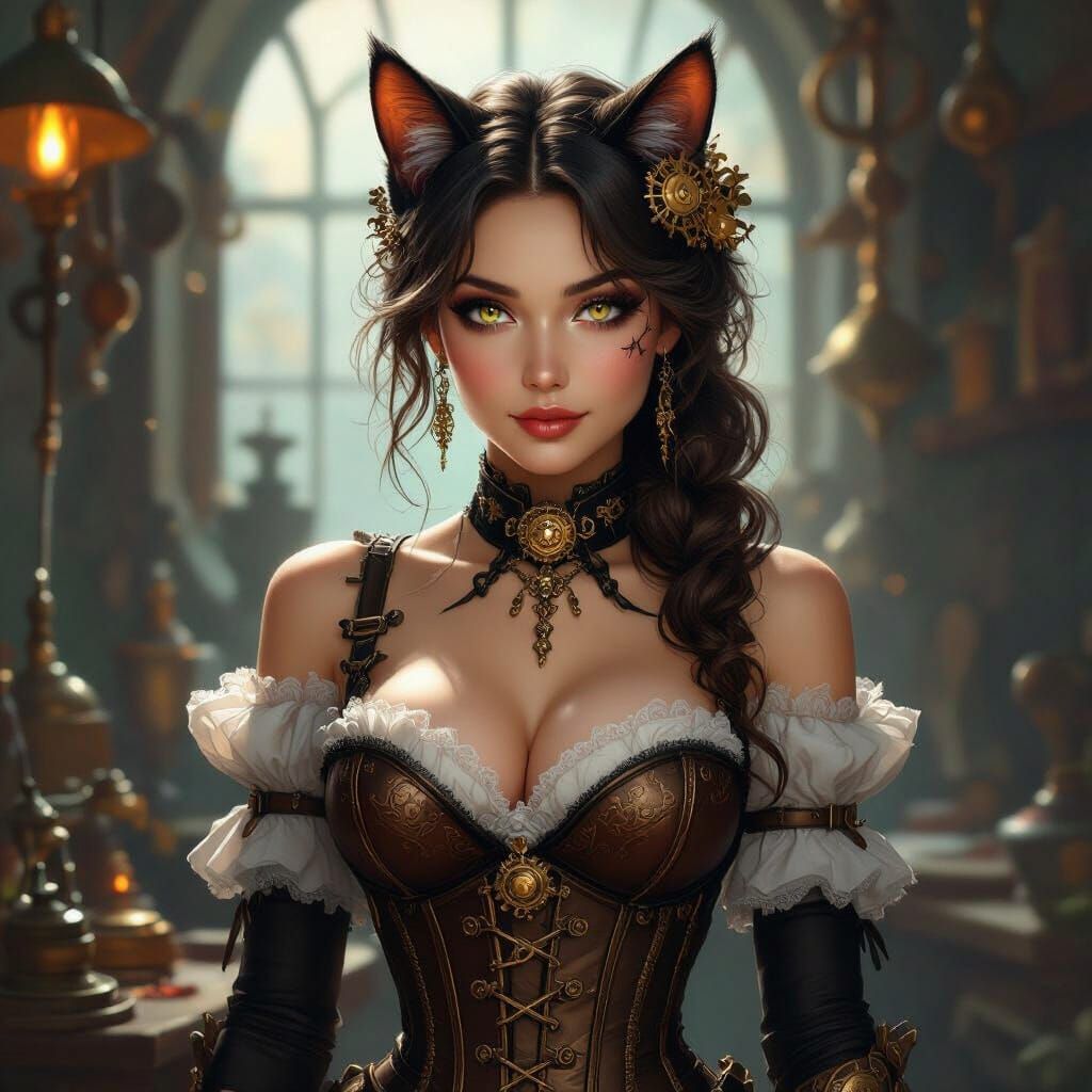 Steampunk Woman with Cat Features and Fantastical Inventions