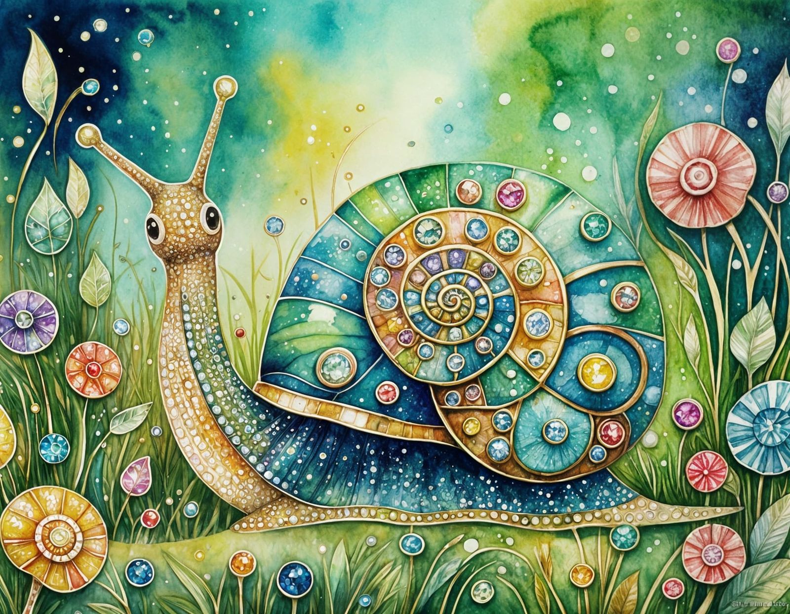 Jeweled Snail in Art Deco Watercolor Style