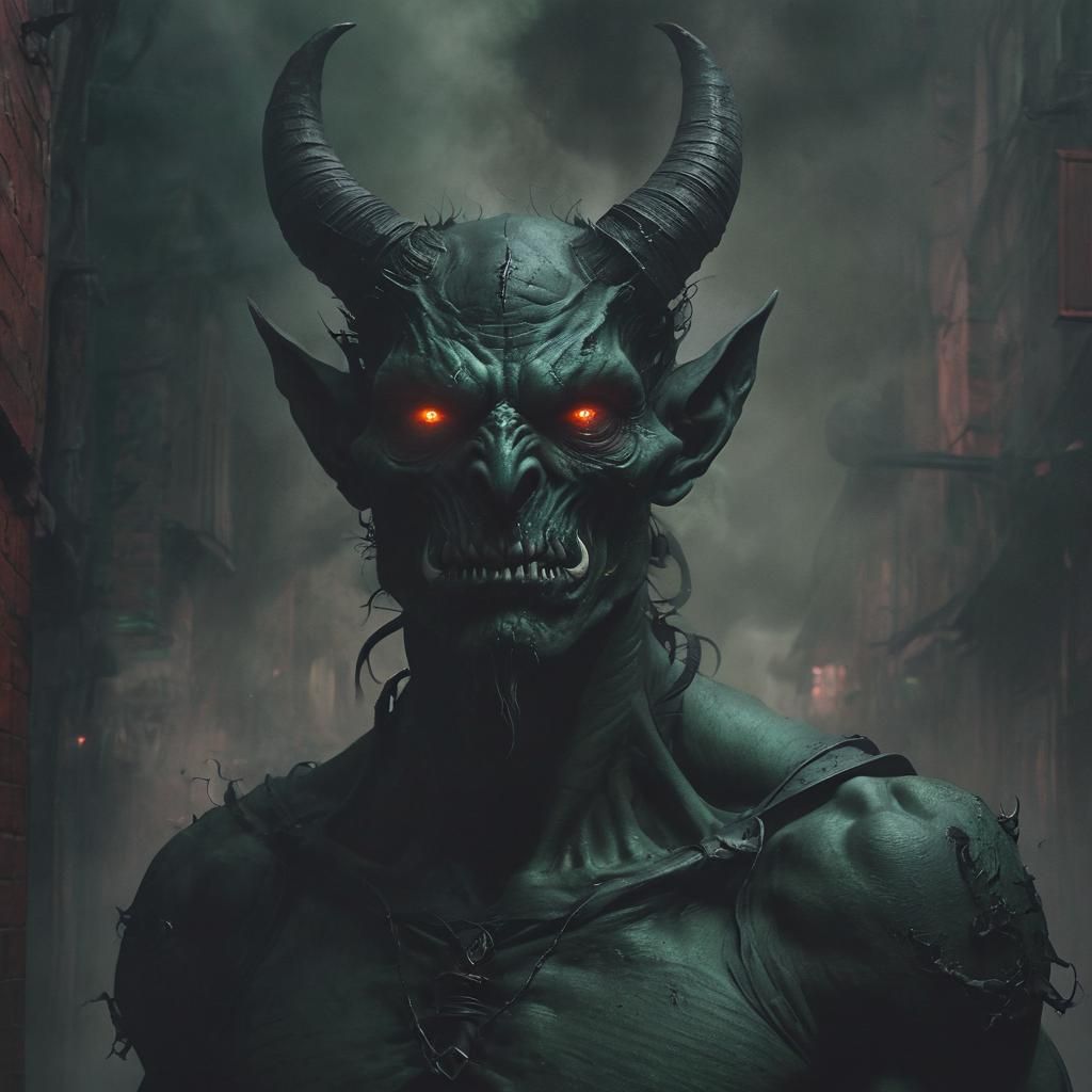 Dark Fantasy Demon Portrait in Eerie Alleyway
