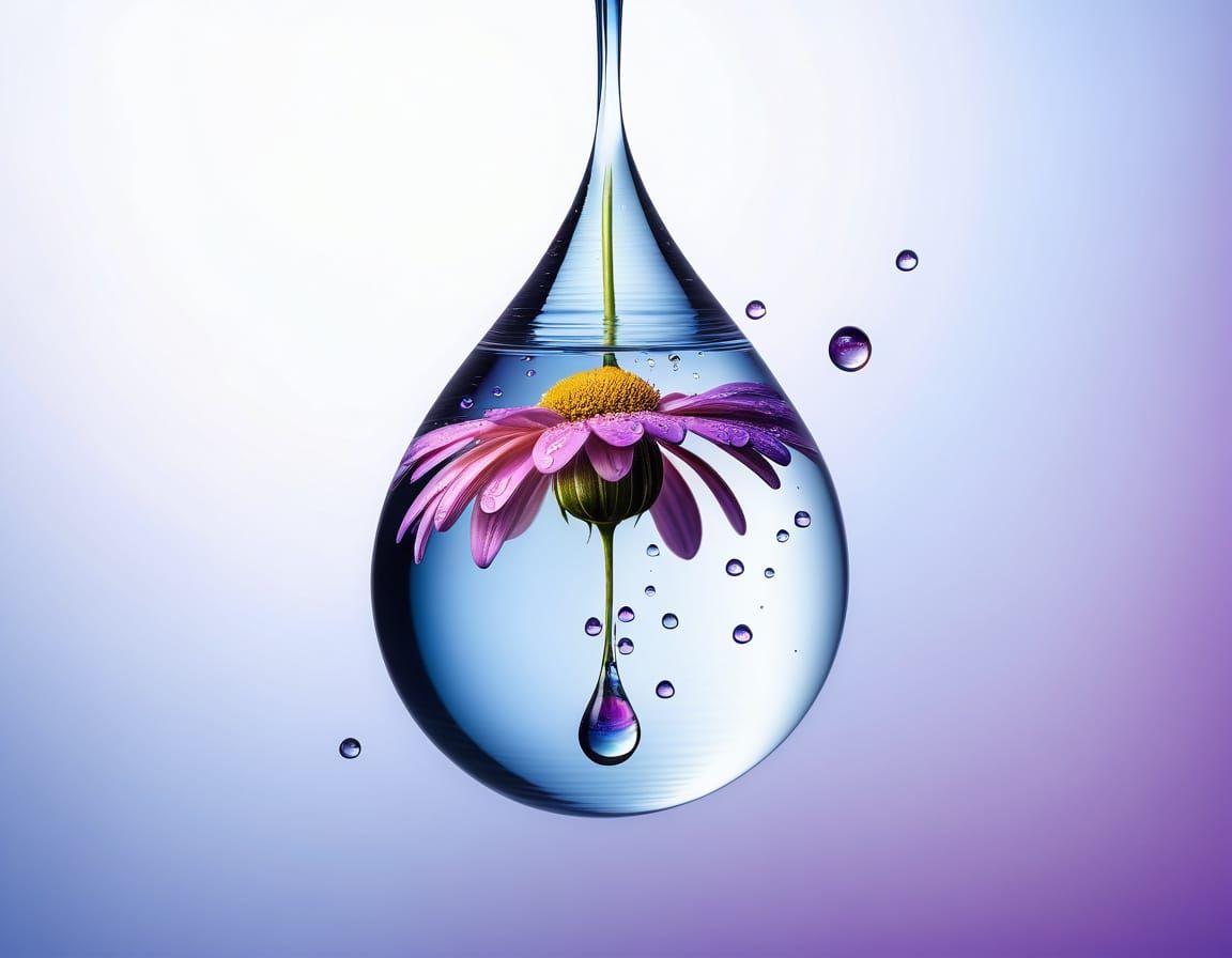 Surreal Water Droplet with Miniature Flower