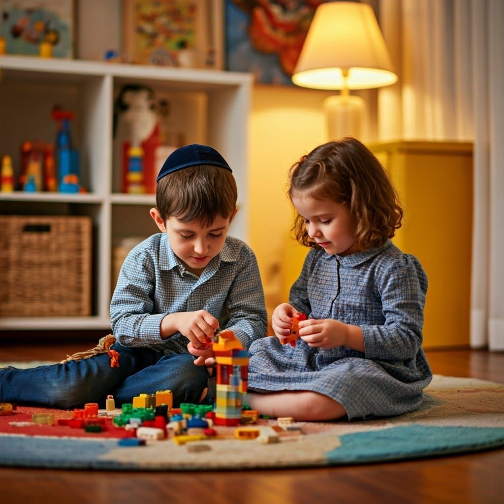 Joyful Hasidic Children Play with Legos in a Cozy Children's...