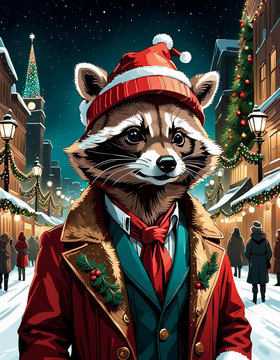 Festive Raccoon Portrait in Comic Book Style