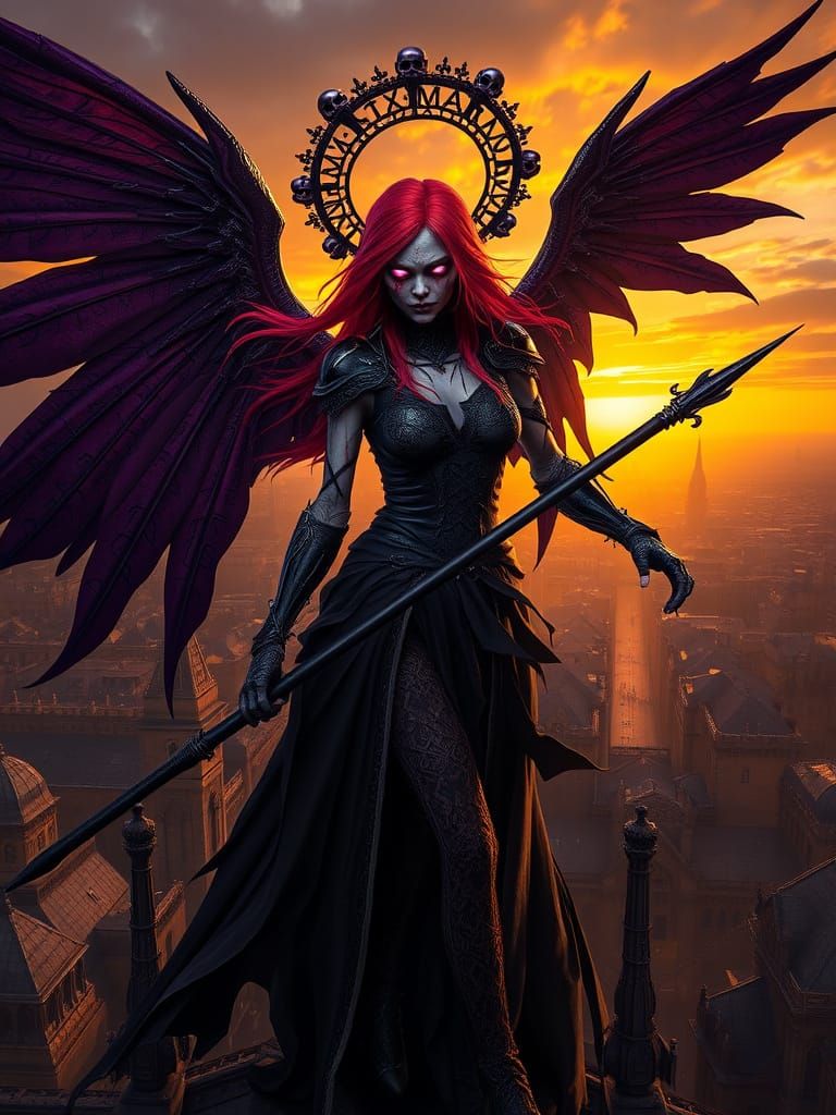 Ethereal Dark Guardian with Glowing Purple Eyes and Gothic W...