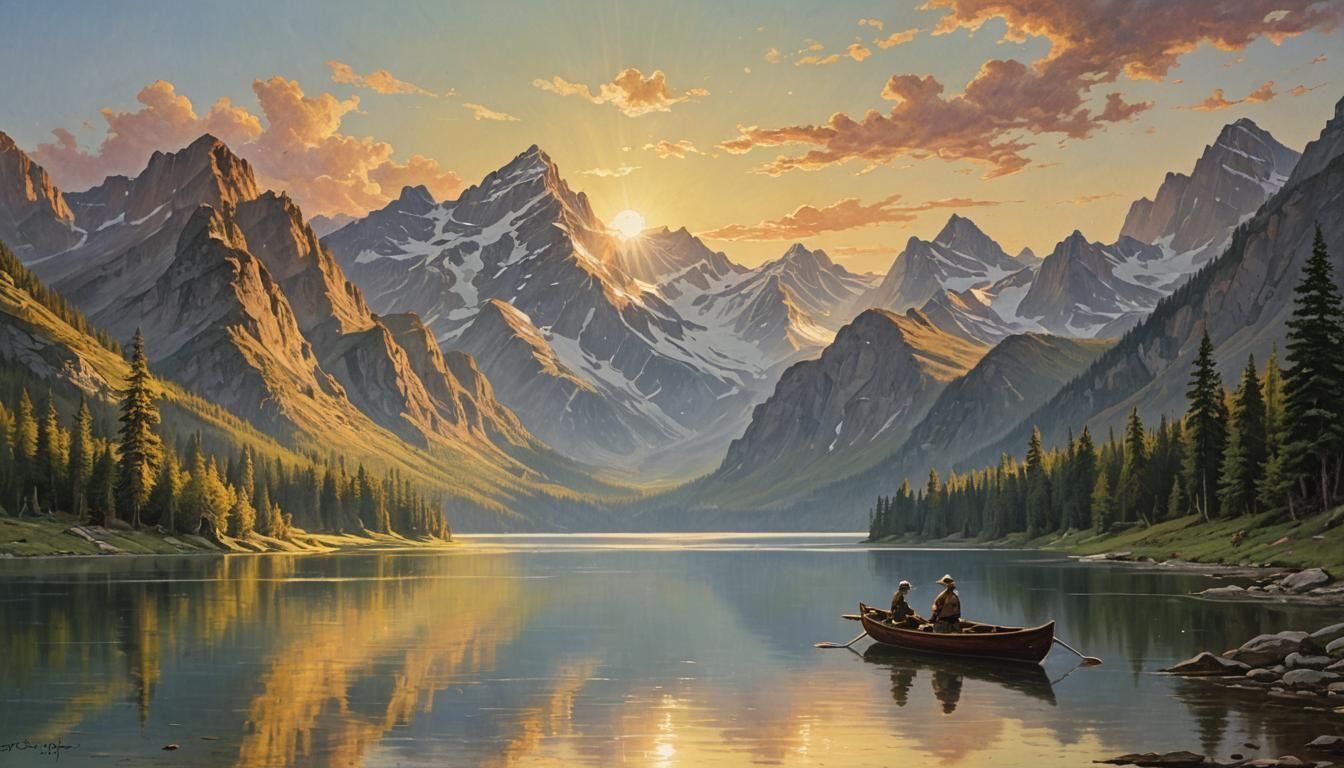 Picturesque Sunrise over Lake, Oil Painting Style