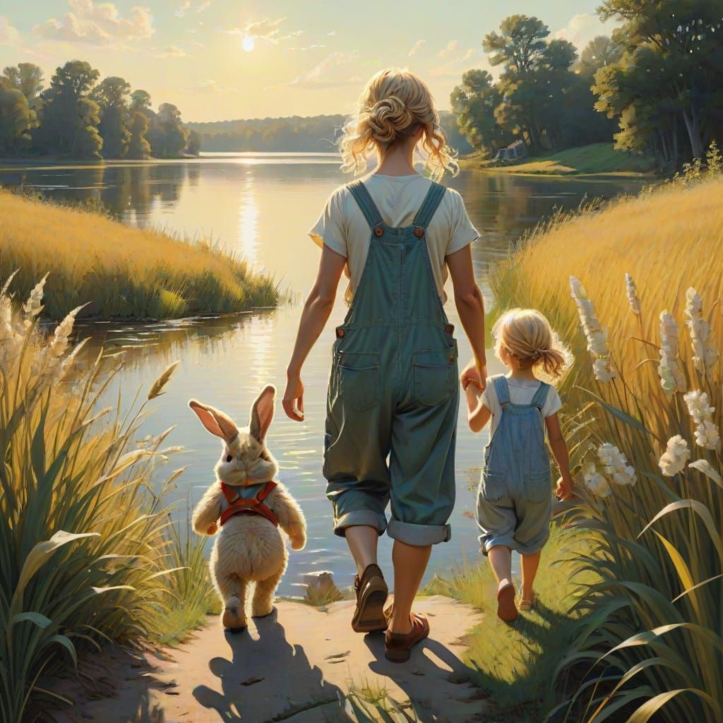 Children Walking to Lake in Rockwell Style