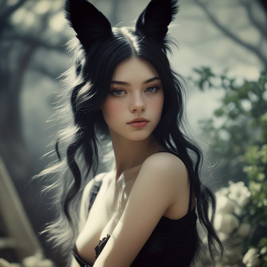 Ethereal Catgirl in Dark Fantasy Daguerreotype