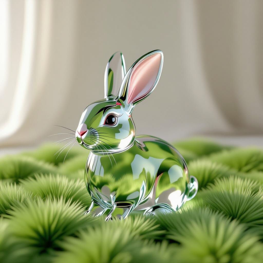 Hyperrealistic Blown Glass Rabbit with Pink Nose