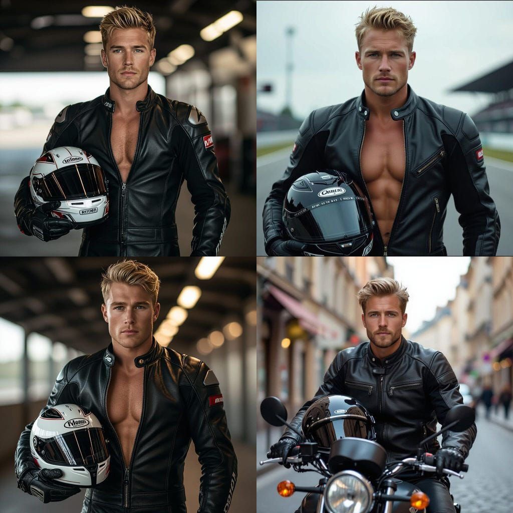 Blond Biker Holds Helmet in Leather Suit