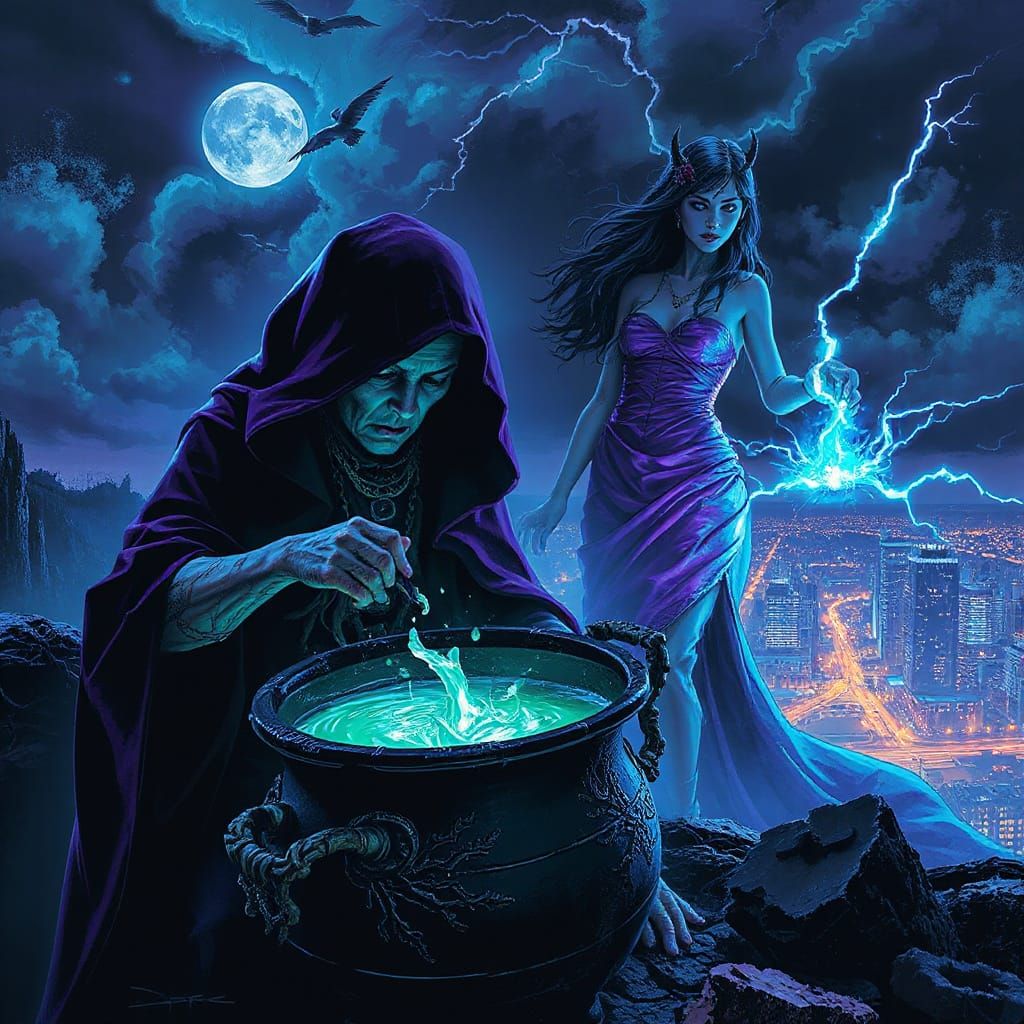 Dark Fantasy Art: Hag and Sorceress in Neon City