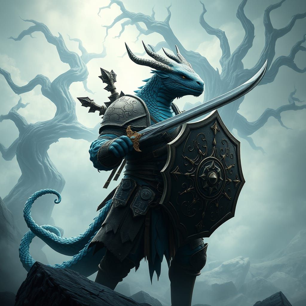 Mystical Blue Dragonborn Warrior Prepares for Battle