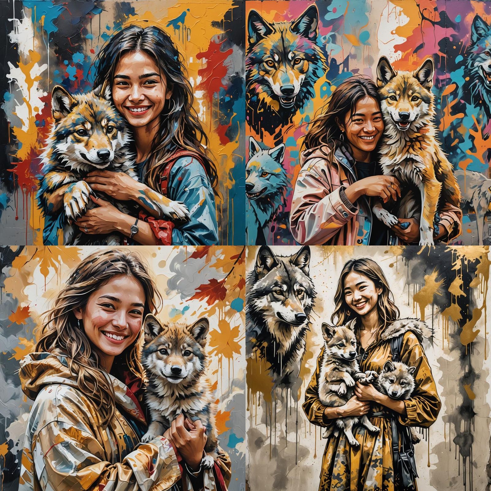 Woman with Wolf Cub in Graffiti Splash Art Style