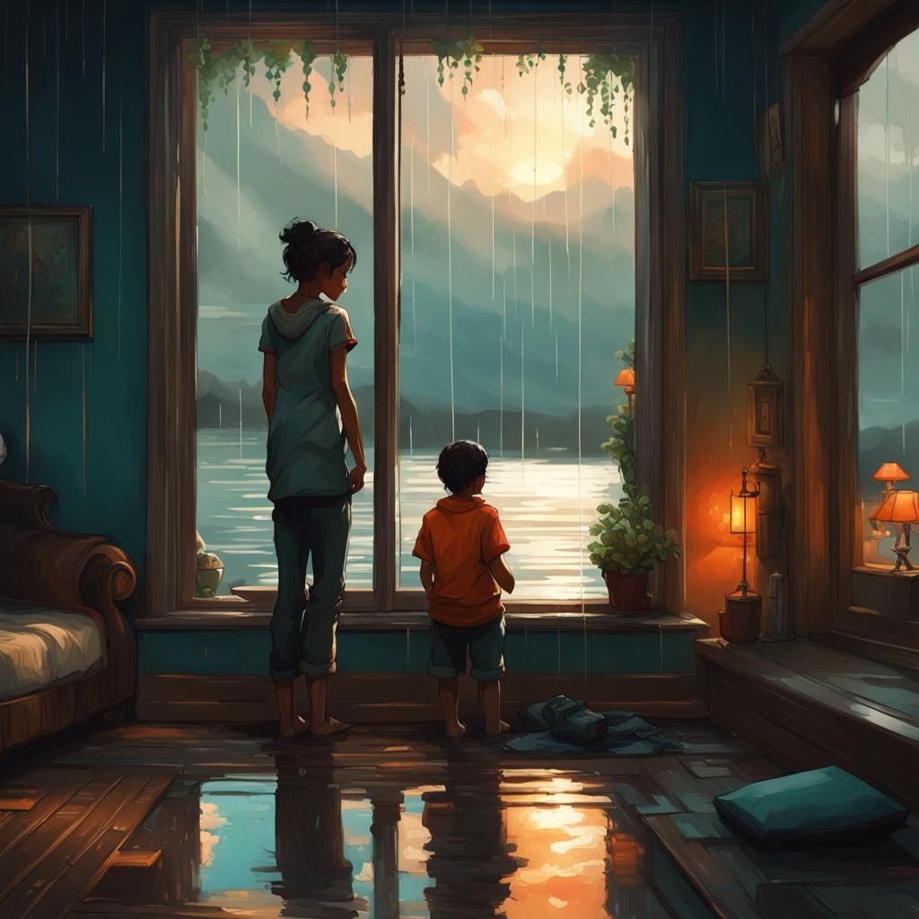 Rainy Day Cityscape: Boy and Mother at Window