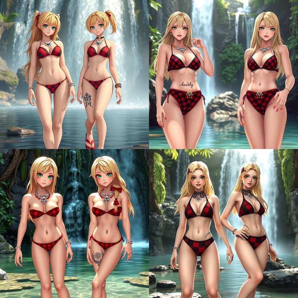 Sultry Blonde Anime Girls Bask in Waterfall Wonderland