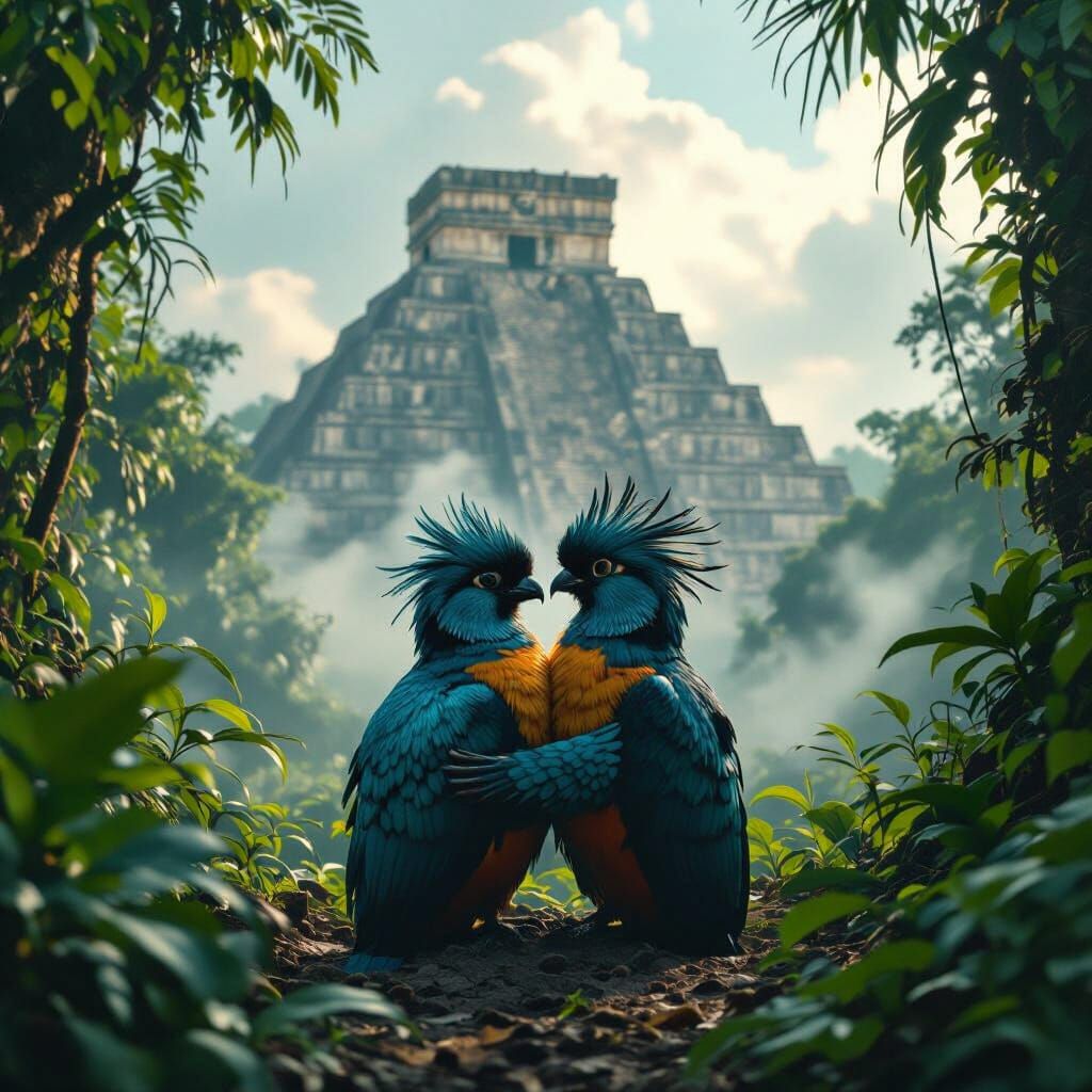 Quetzal Birds Embrace Near Chichen Itza, Cinematic Film Stil...