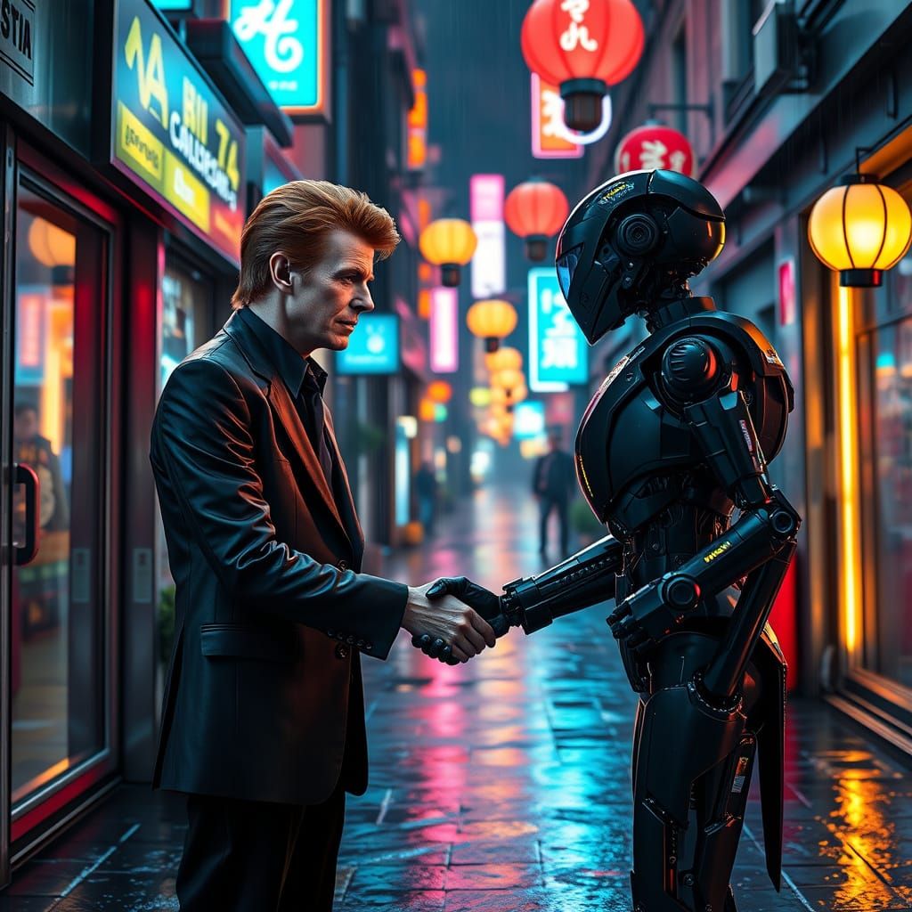David Bowie and Cyborg Handshake in Neon Alleyway
