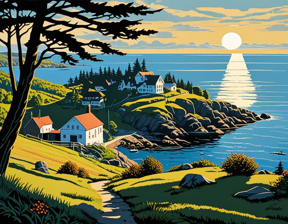 Medieval Woodcut-Inspired Monhegan Island Landscape