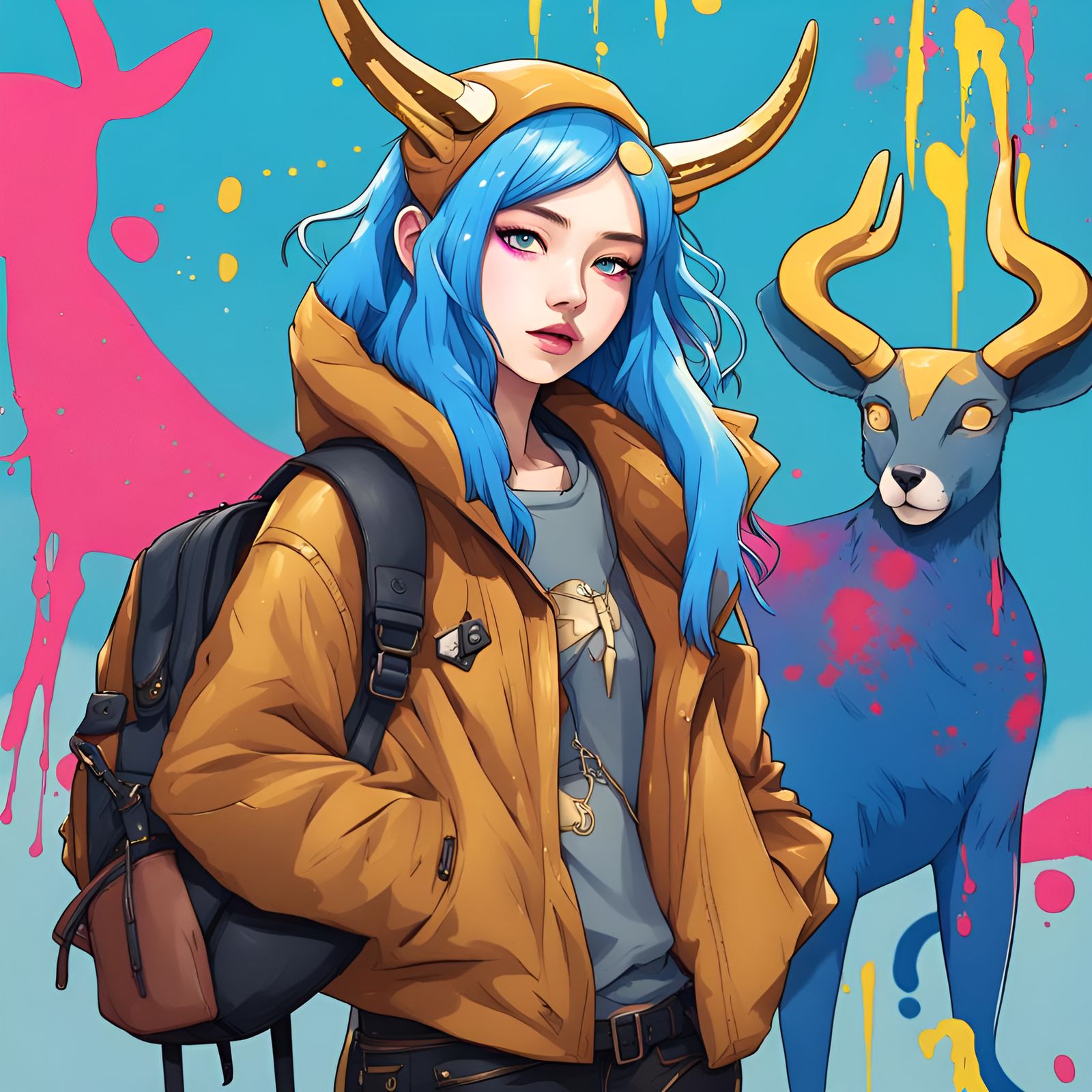 Fantasy Korean Woman on Airship in Splatter Graffiti Style