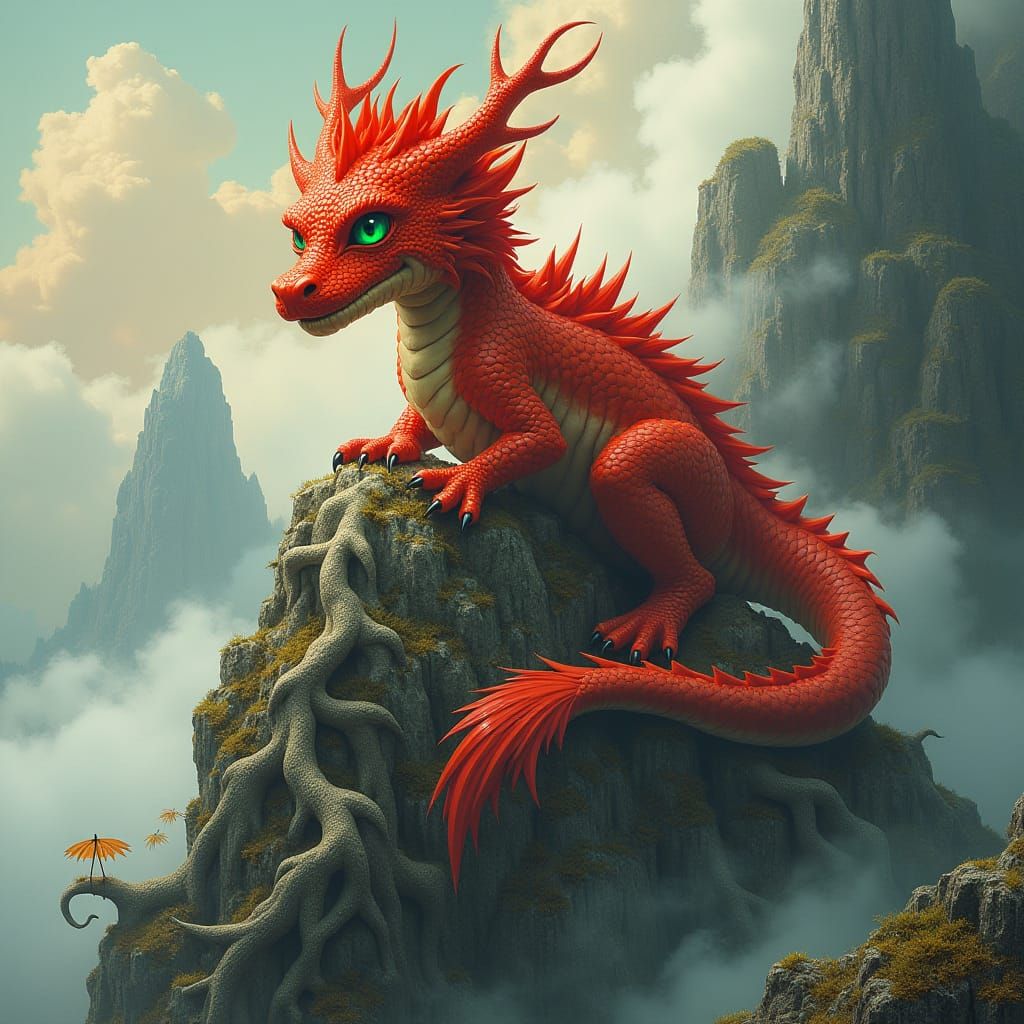 Young Red Dragon on Misty Mountain Peak