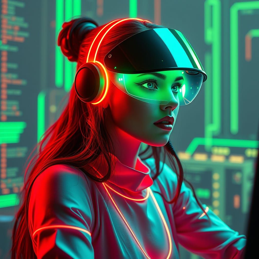 Neon Woman Emerges From Screen in Synthwave Style
