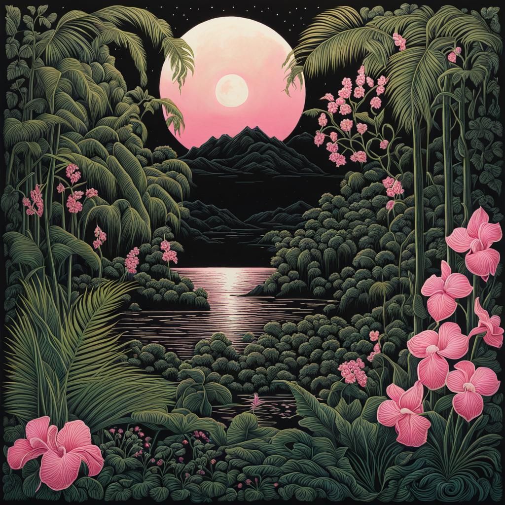 Island Jungle Oasis Linocut With Glowing Orbs