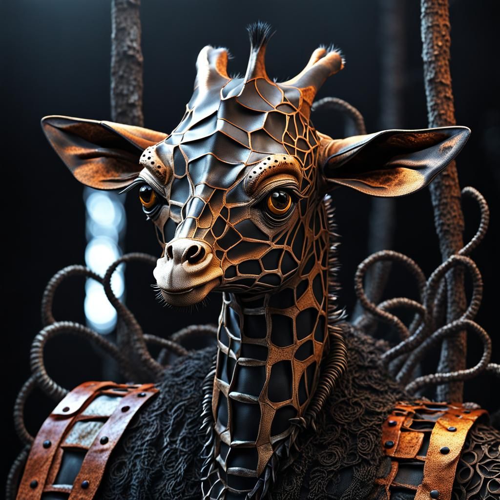 Surreal 3D Giraffe Portrait in Dark Metals