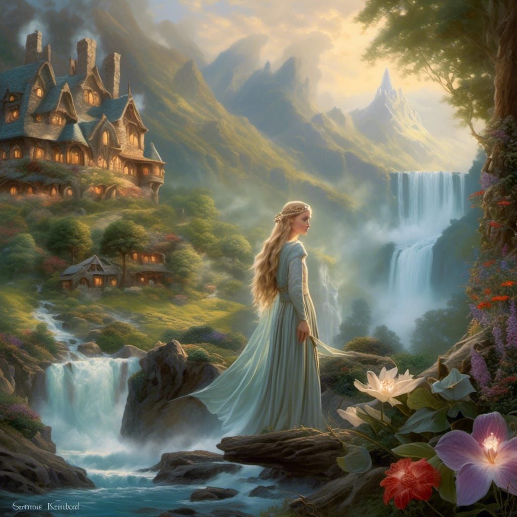 Galadriel Portrait in Rivendell as Waterhouse Style Painting