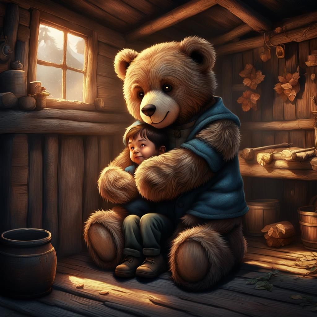 Teddy Bear Hugs Boy in Old Hut
