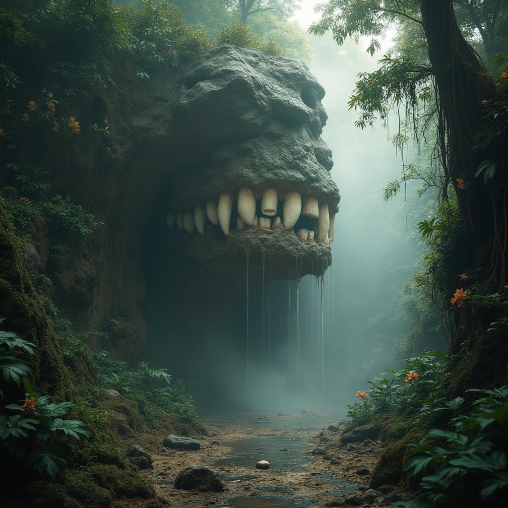 Ancient Stone Face Emerges from Misty Jungle
