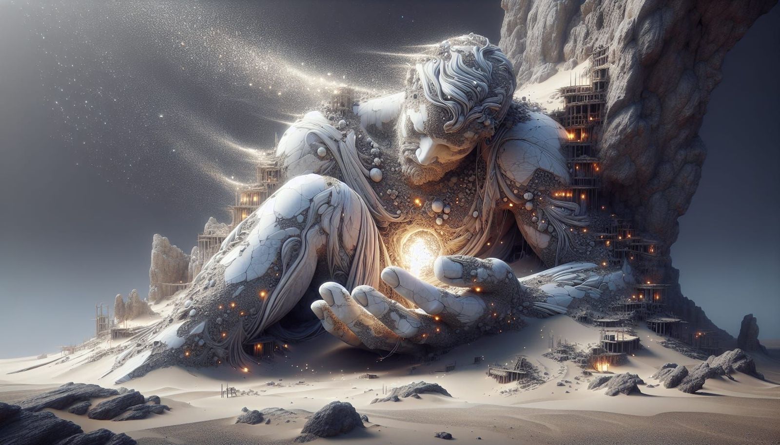 Giant Marble Figure Ruins Under Crystal Dust Sky