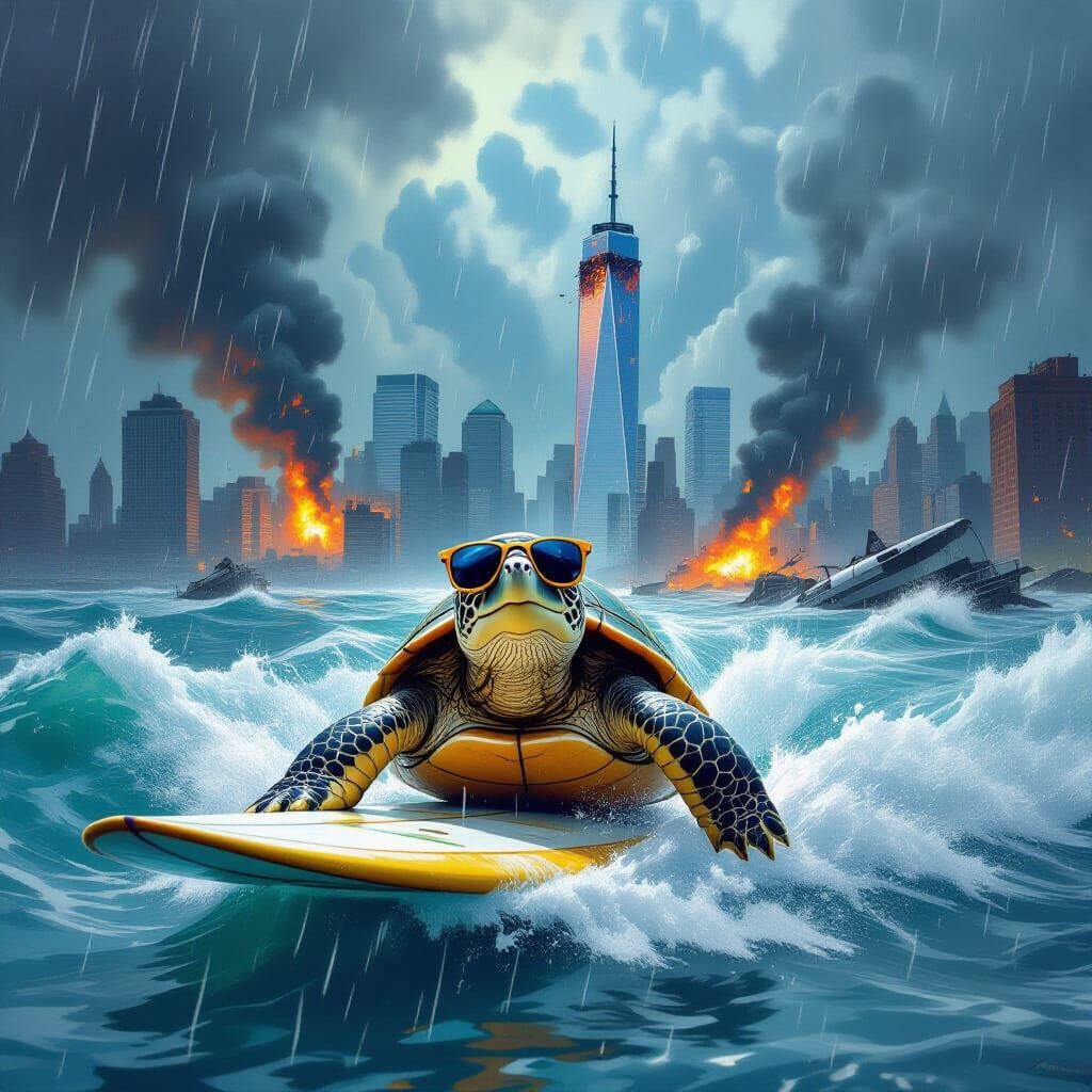 Turtle Surfing During Catastrophic Flood in Dramatic Style