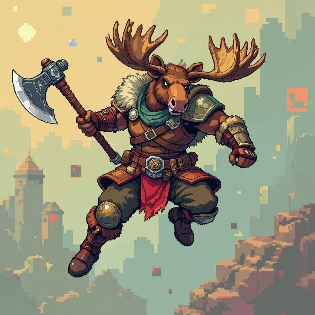 Moose Warrior Leaping with Axe in HD-2D Pixel Art