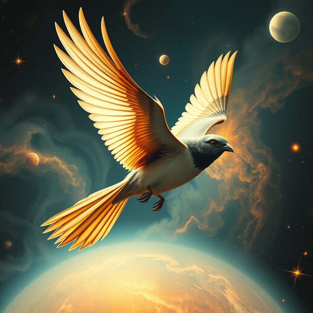 Bird in Cosmic Dreamscape with Romantic Futurism