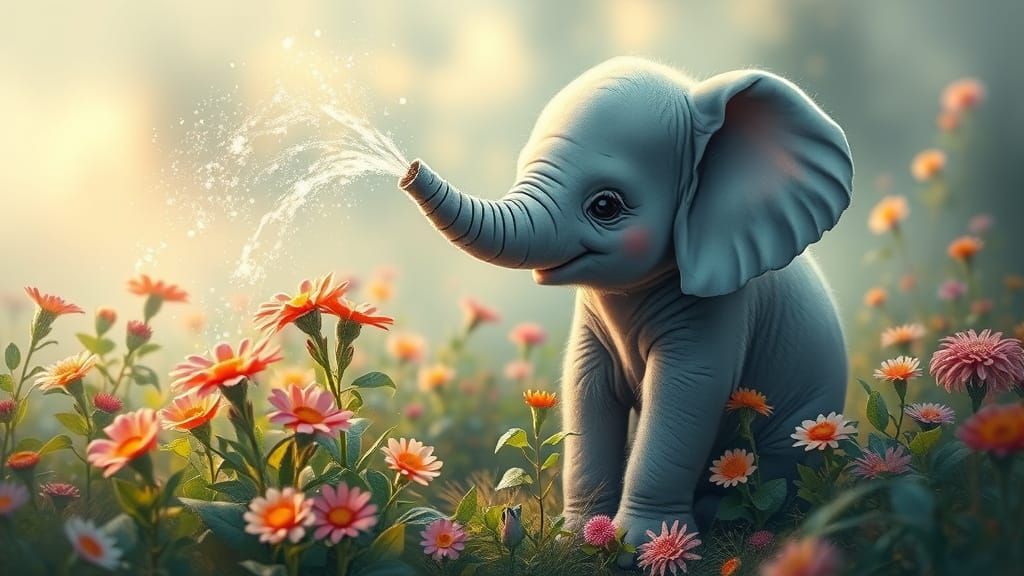 Baby Elephant Gardener in Kinkade Style