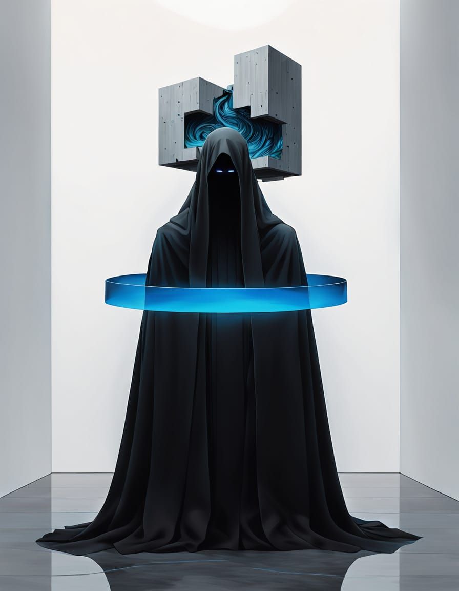 Surreal Figure with Brutalist Head in Empty Room