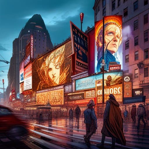 Retro Cyberpunk Cityscape with Vibrant Billboards