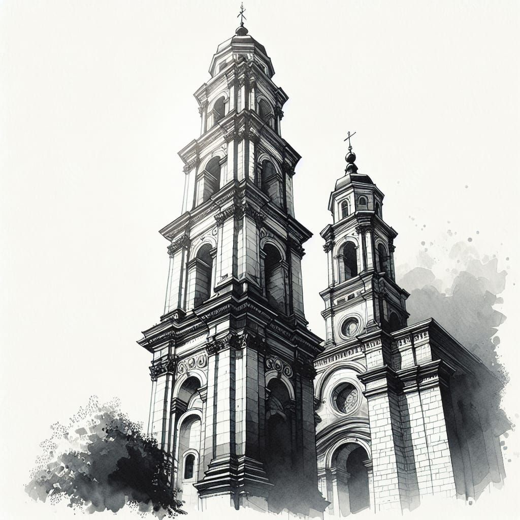 Monochrome Watercolor Bell Tower with Ornate Details