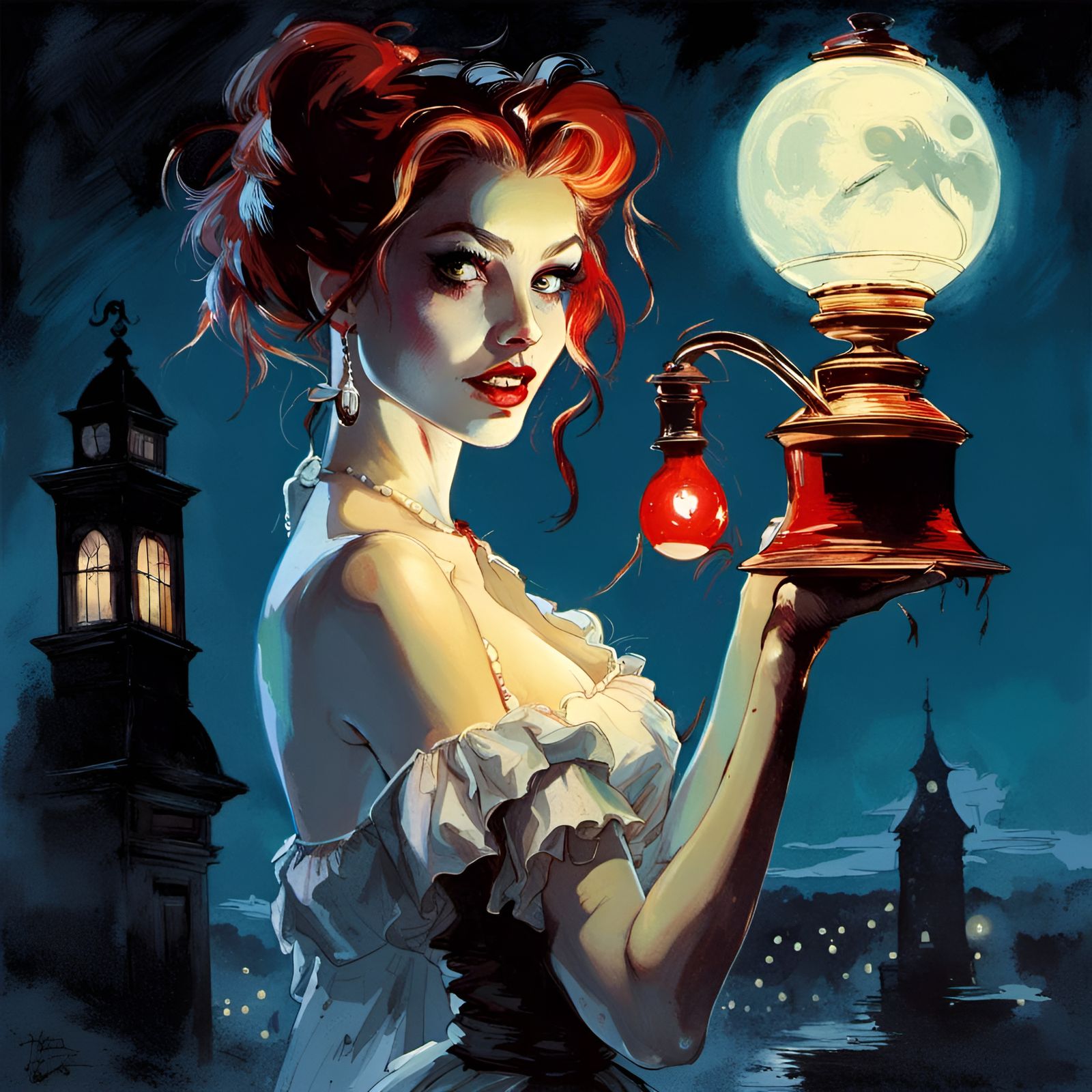 Glamorous Vampire with Lamp in Pixar Style