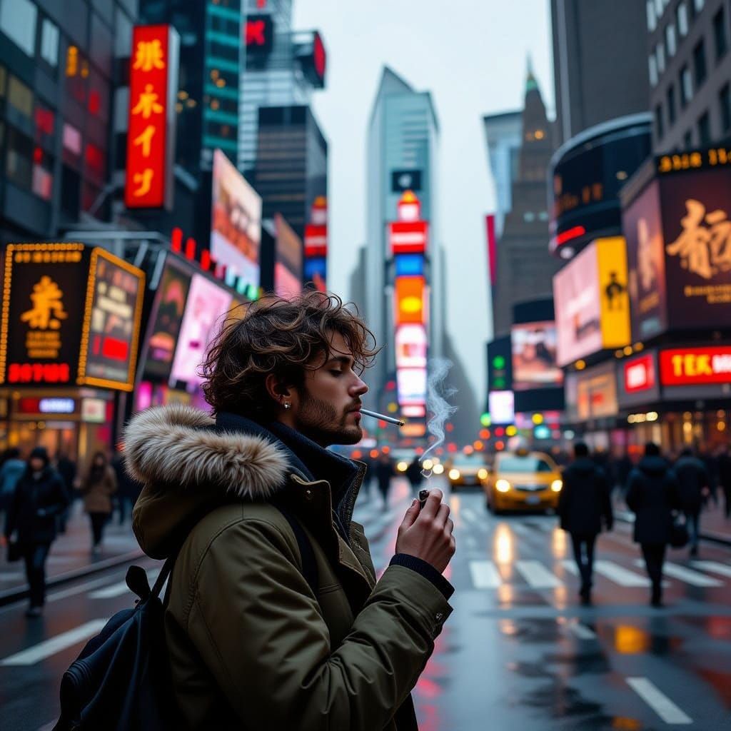 Vibrant Cityscape with Smoker in Hyperdetailed Neo-Expressio...