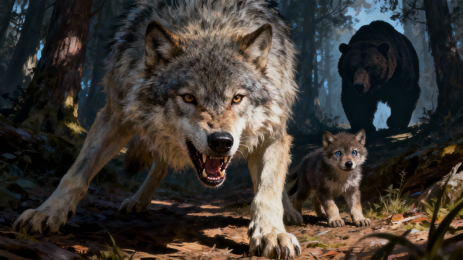 Protective Wolf Defends Cub From Bear Silhouette