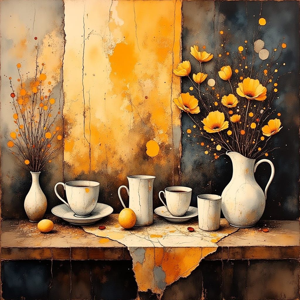 Cozy Coffee Still Life with Folk Art Whimsy