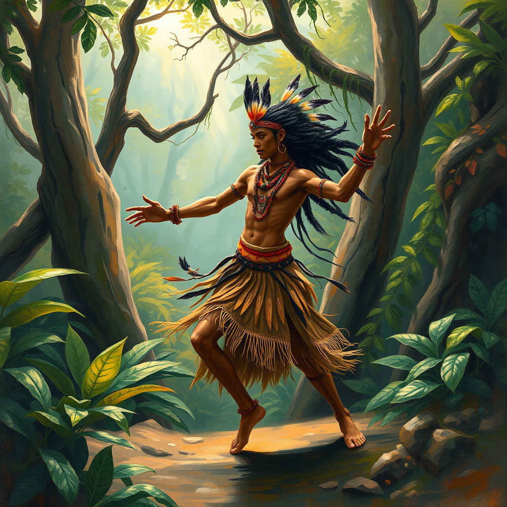 Surreal Jungle Dancer in Vibrant Feathers and Earthy Tones