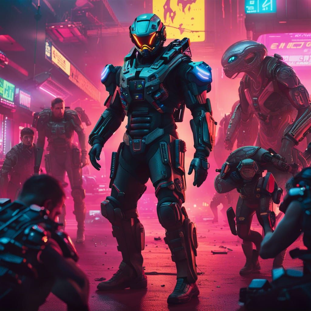 Cyberpunk Soldier Battles Aliens in Neon Cityscape